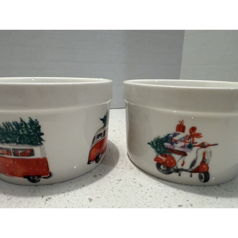 Ciroa Celebrate Christmas Ramekins Custard Cups VW‎ Van & Scooter Trees Set Of 2
